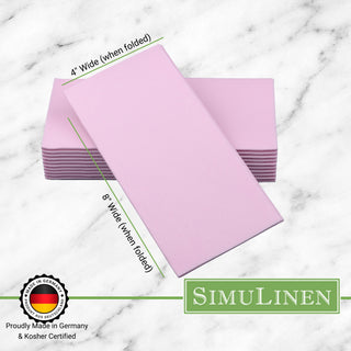 Signature color cloth-like napkins on a marble background. The napkins are made in Germany & Kosher certified. They measure 4" wide by 8" long.