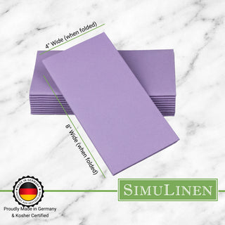 Signature color cloth-like napkins on a marble background. The napkins are made in Germany & Kosher certified. They measure 4" wide by 8" long.
