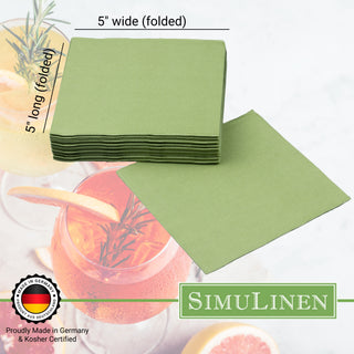 SimuLinen beverage napkins are Proudly made in Germany & Kosher certified. When folded, they measure 5" long by 5" wide.