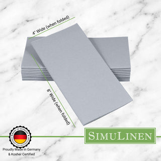 Signature color cloth-like napkins on a marble background. The napkins are made in Germany & Kosher certified. They measure 4" wide by 8" long.
