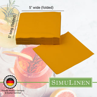 SimuLinen beverage napkins are Proudly made in Germany & Kosher certified. When folded, they measure 5" long by 5" wide.