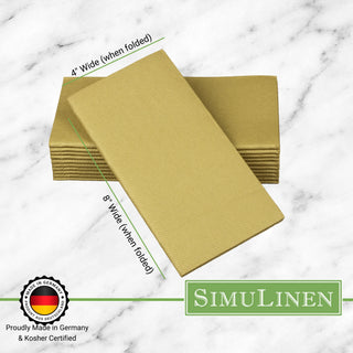 Signature color cloth-like napkins on a marble background. The napkins are made in Germany & Kosher certified. They measure 4" wide by 8" long.