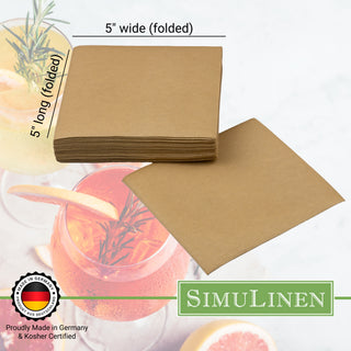 SimuLinen beverage napkins are Proudly made in Germany & Kosher certified. When folded, they measure 5" long by 5" wide.