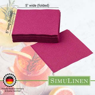 SimuLinen beverage napkins are Proudly made in Germany & Kosher certified. When folded, they measure 5" long by 5" wide.