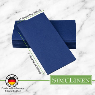 Signature color cloth-like napkins on a marble background. The napkins are made in Germany & Kosher certified. They measure 4" wide by 8" long.
