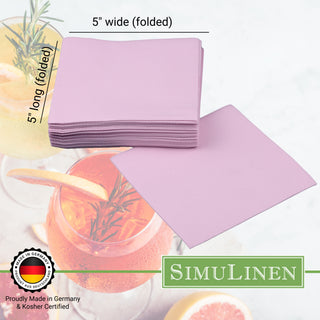 SimuLinen beverage napkins are Proudly made in Germany & Kosher certified. When folded, they measure 5" long by 5" wide.