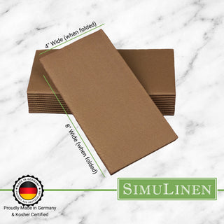 Signature color cloth-like napkins on a marble background. The napkins are made in Germany & Kosher certified. They measure 4" wide by 8" long.