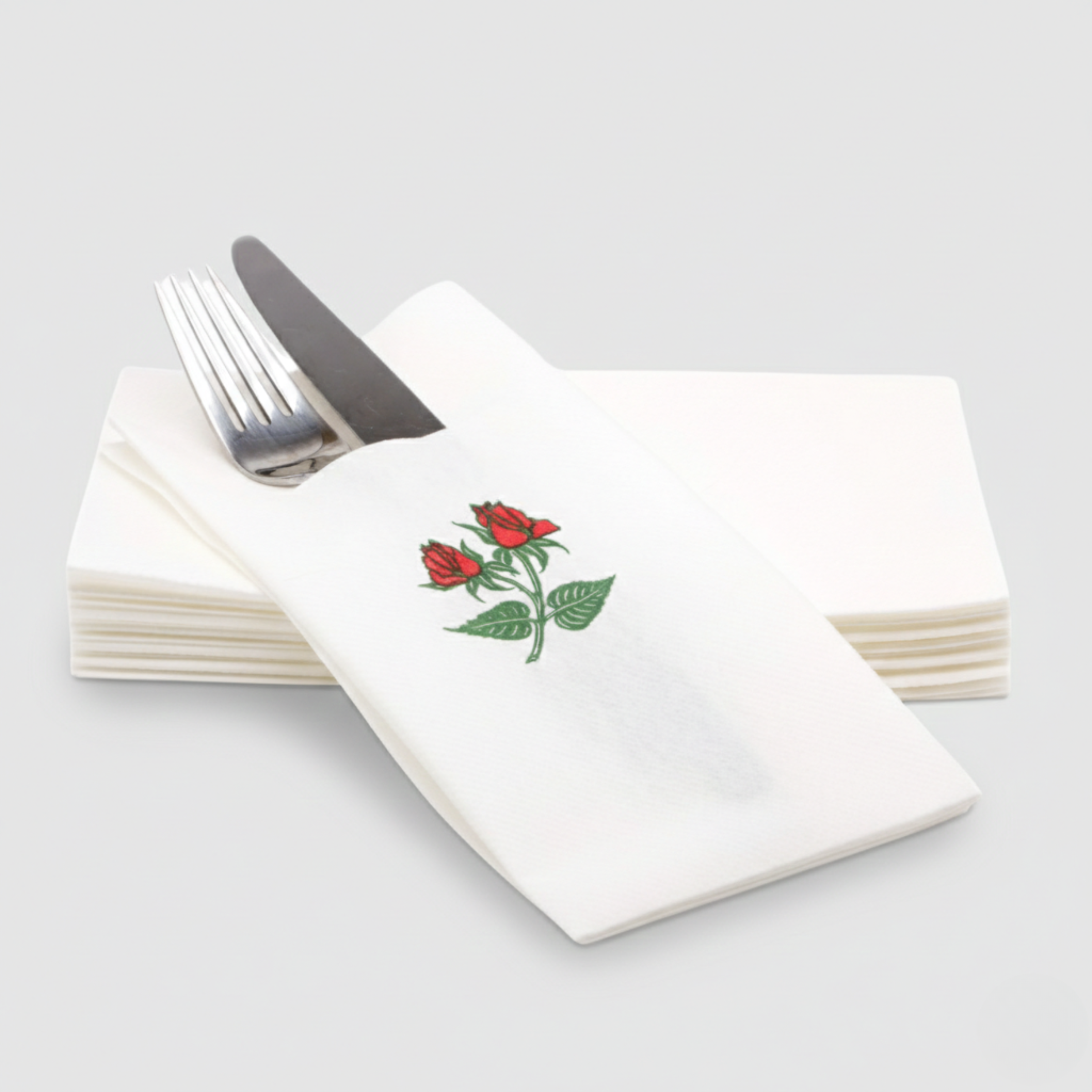 Double rose pocket SimuLinen dinner napkin with fork and knife
