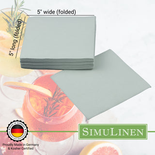 SimuLinen beverage napkins are Proudly made in Germany & Kosher certified. When folded, they measure 5" long by 5" wide.