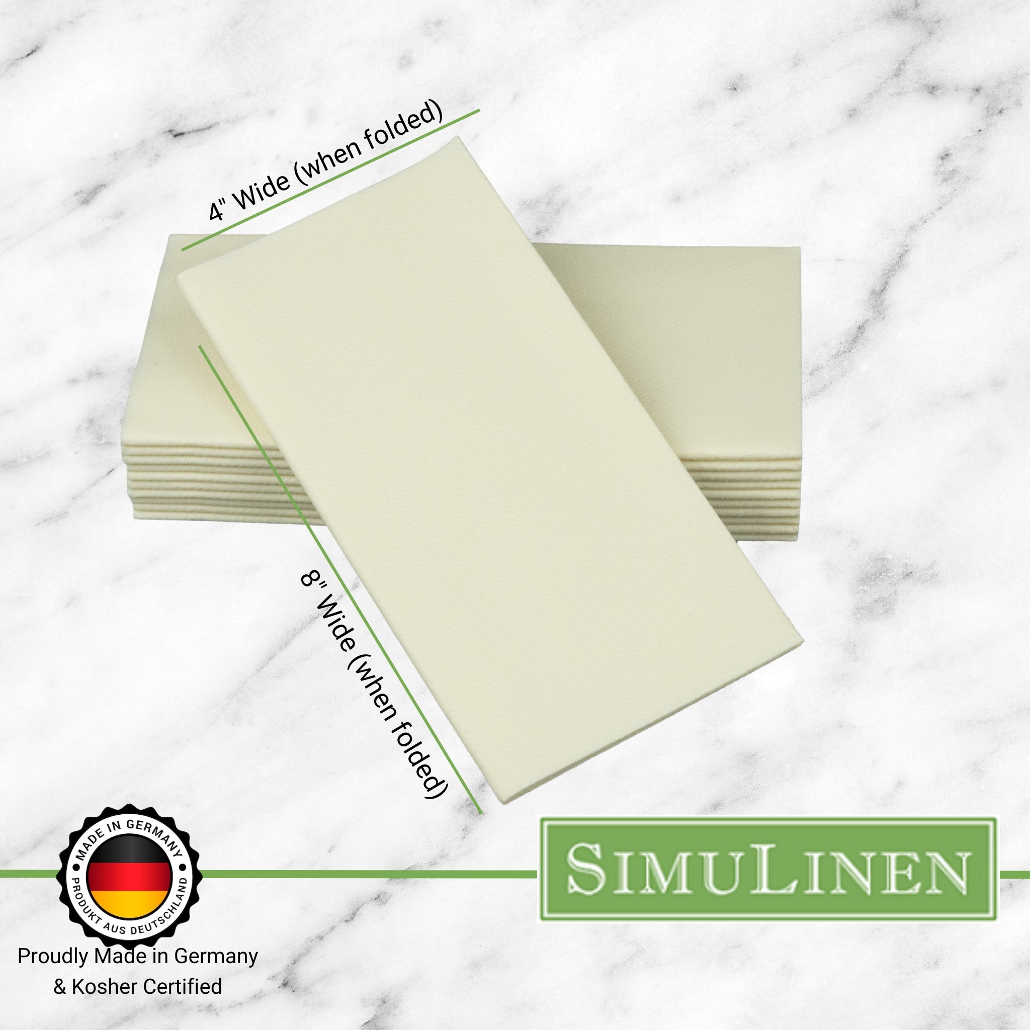 Signature color cloth-like napkins on a marble background. The napkins are made in Germany & Kosher certified. They measure 4" wide by 8" long.