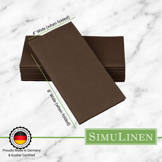 Signature color cloth-like napkins on a marble background. The napkins are made in Germany & Kosher certified. They measure 4" wide by 8" long.
