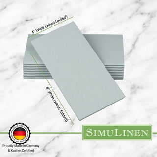 Signature color cloth-like napkins on a marble background. The napkins are made in Germany & Kosher certified. They measure 4" wide by 8" long.