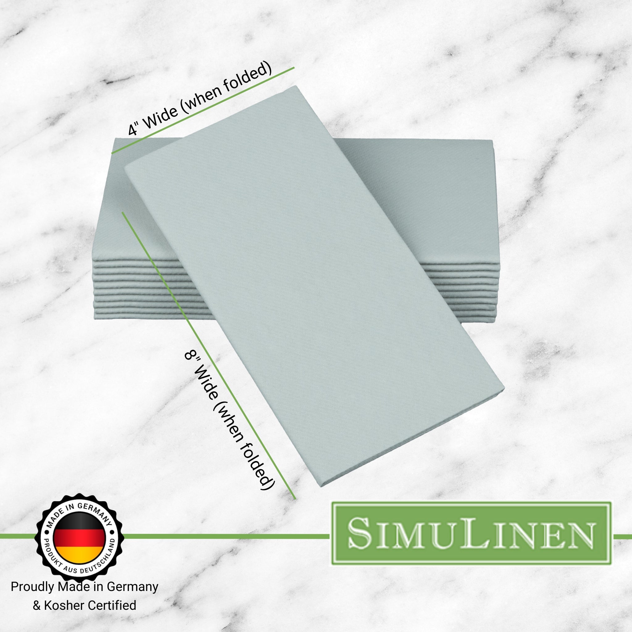Signature color cloth-like napkins on a marble background. The napkins are made in Germany & Kosher certified. They measure 4" wide by 8" long.
