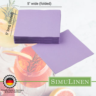 SimuLinen beverage napkins are Proudly made in Germany & Kosher certified. When folded, they measure 5" long by 5" wide.