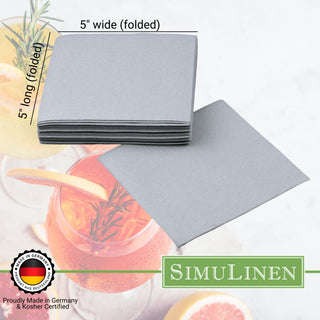 SimuLinen beverage napkins are Proudly made in Germany & Kosher certified. When folded, they measure 5" long by 5" wide.