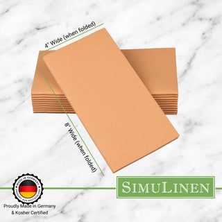 Apricot cloth-like linen feel napkins on a marble background. The napkins are made in Germany & Kosher certified. They measure 4" wide by 8" long.