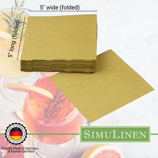 SimuLinen beverage napkins are Proudly made in Germany & Kosher certified. When folded, they measure 5" long by 5" wide.