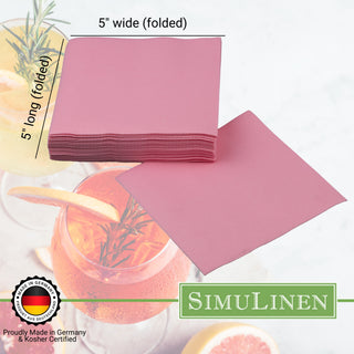 SimuLinen beverage napkins are Proudly made in Germany & Kosher certified. When folded, they measure 5" long by 5" wide.