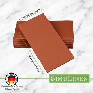 Signature color cloth-like napkins on a marble background. The napkins are made in Germany & Kosher certified. They measure 4" wide by 8" long.