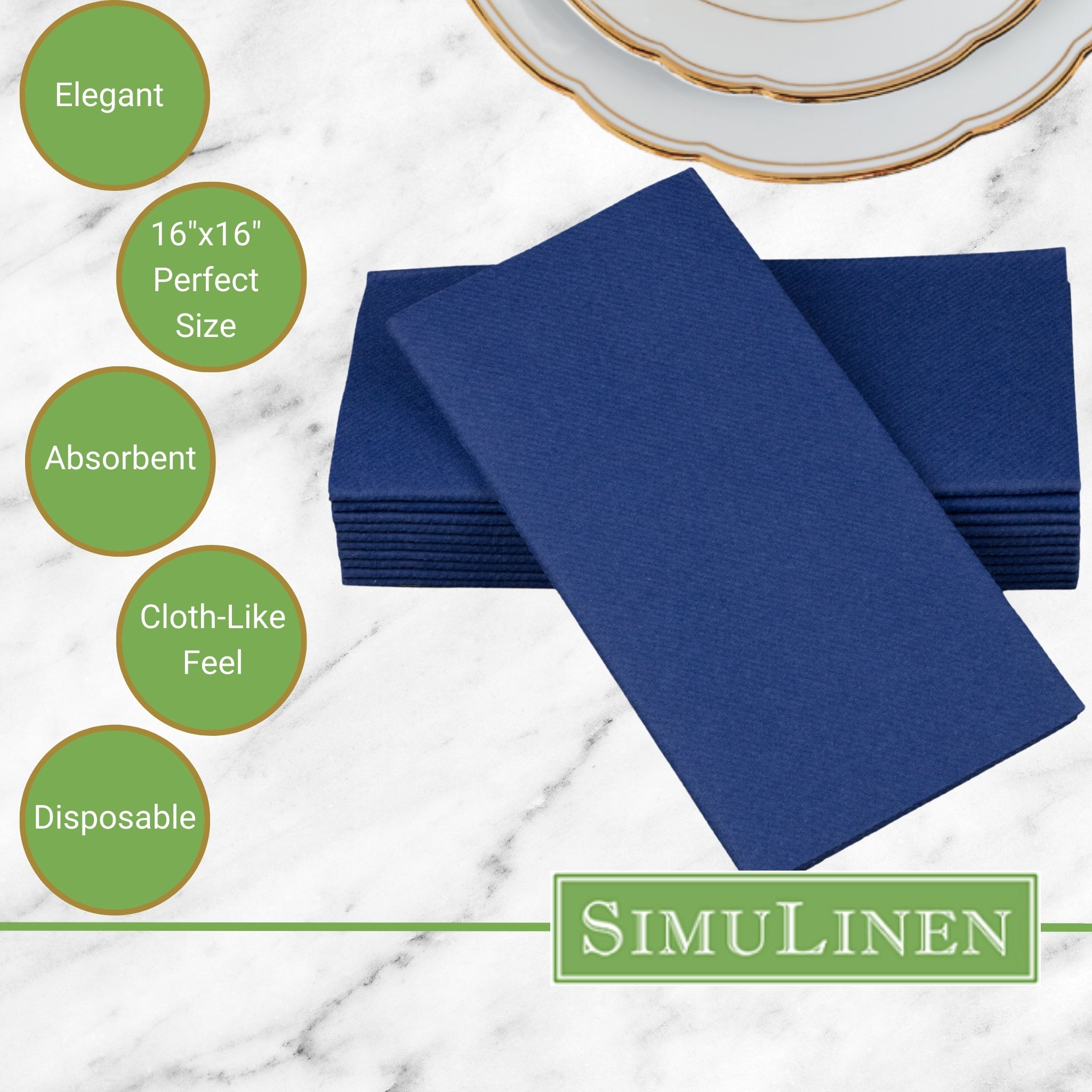 Signature Color Disposable Dinner Napkin Bullet Points. Elegant. 16"x16" - Perfect size. Absorbent. Cloth-Like feel. Disposable.