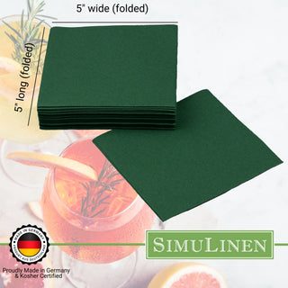 SimuLinen beverage napkins are Proudly made in Germany & Kosher certified. When folded, they measure 5" long by 5" wide.
