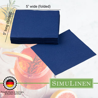 SimuLinen beverage napkins are Proudly made in Germany & Kosher certified. When folded, they measure 5" long by 5" wide.