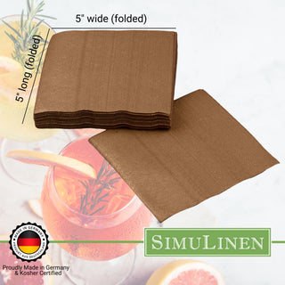 SimuLinen beverage napkins are Proudly made in Germany & Kosher certified. When folded, they measure 5" long by 5" wide.