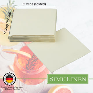 SimuLinen beverage napkins are Proudly made in Germany & Kosher certified. When folded, they measure 5" long by 5" wide.
