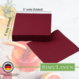 SimuLinen beverage napkins are Proudly made in Germany & Kosher certified. When folded, they measure 5" long by 5" wide.