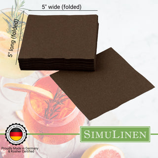 SimuLinen beverage napkins are Proudly made in Germany & Kosher certified. When folded, they measure 5" long by 5" wide.