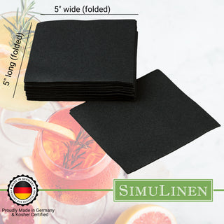 SimuLinen beverage napkins are Proudly made in Germany & Kosher certified. When folded, they measure 5" long by 5" wide.