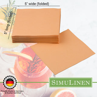 SimuLinen beverage napkins are Proudly made in Germany & Kosher certified. When folded, they measure 5" long by 5" wide.