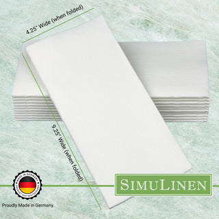 SimuLinen Signature dinner napkins are proudly made in Germany and Kosher certified. When folded, they measure 4.25" wide by 9.25" long.