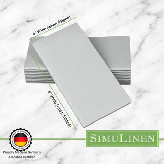 Signature color cloth-like napkins on a marble background. The napkins are made in Germany & Kosher certified. They measure 4" wide by 8" long.