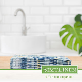 Image of SimuLinen Blue Garden Guest Towels in front of a bathroom sink.