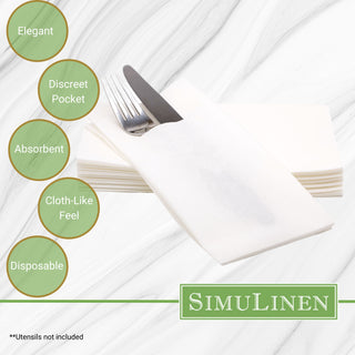 SimuLinen Pocket Napkin bullet points. Elegant. Discreet pocket. Absorbent. Cloth-like feel. Disposable.