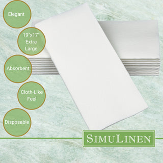 SimuLinen signature dinner napkin bullet points. Elegant. 19"x17" Extra large. Absorbent. Cloth-like feel. Disposable.