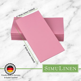 Signature color cloth-like napkins on a marble background. The napkins are made in Germany & Kosher certified. They measure 4" wide by 8" long.