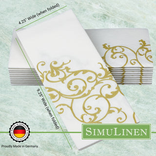 SimuLinen Signature dinner napkins are proudly made in Germany and Kosher certified. When folded, they measure 4.25" wide by 9.25" long.