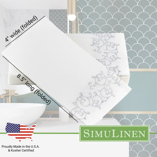 Proudly Made in the USA and Kosher Certified. Folded guest towel dimensions: 8.5" long by 4" wide.