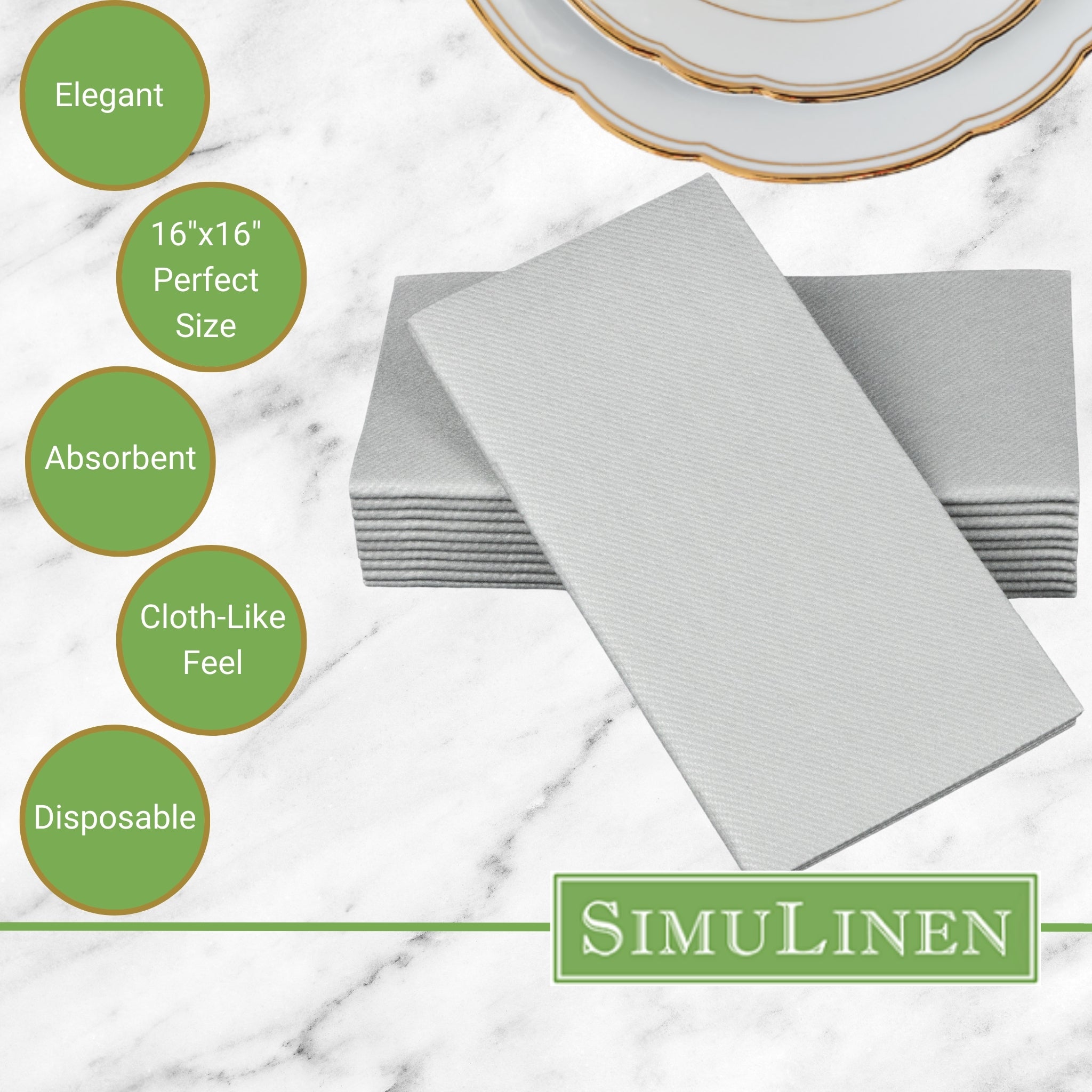 Signature Color Disposable Dinner Napkin Bullet Points. Elegant. 16"x16" - Perfect size. Absorbent. Cloth-Like feel. Disposable.