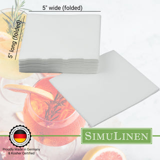 SimuLinen beverage napkins are Proudly made in Germany & Kosher certified. When folded, they measure 5" long by 5" wide.