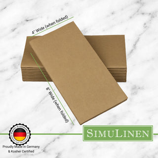 Signature color cloth-like napkins on a marble background. The napkins are made in Germany & Kosher certified. They measure 4" wide by 8" long.
