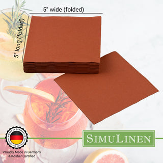 SimuLinen beverage napkins are Proudly made in Germany & Kosher certified. When folded, they measure 5" long by 5" wide.
