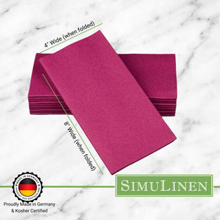 Signature color cloth-like napkins on a marble background. The napkins are made in Germany & Kosher certified. They measure 4" wide by 8" long.