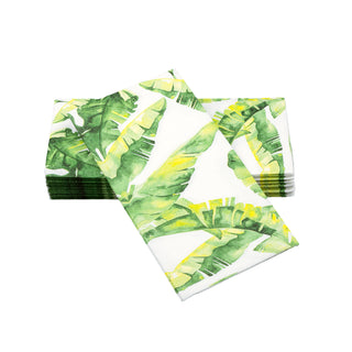 SimuLinen Tropical Banana Leaves guest towels on a white background. These are a white guest towel with green banana leaves all over.