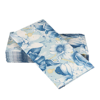 An image of SimuLinen Blue Garden Design Guest Towels. This is a blue napkin, with various elegant flowers all over and accented with gold throughout.
