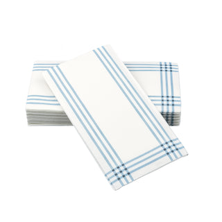 Image of SimuLinen Blue Plaid Guest Towels. This disposable guest towel is white, with a blue plaid design bordering the edges.