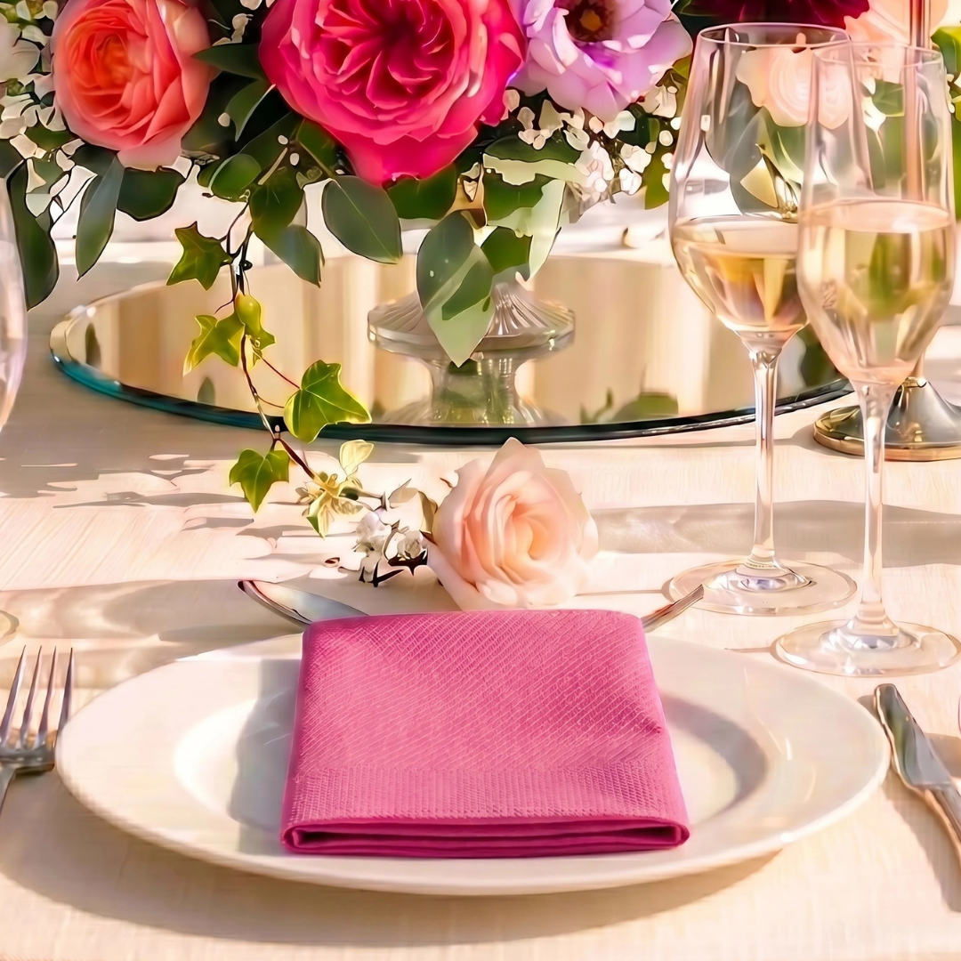 Table setting with pink napkin, wine glasses, and floral arrangement.