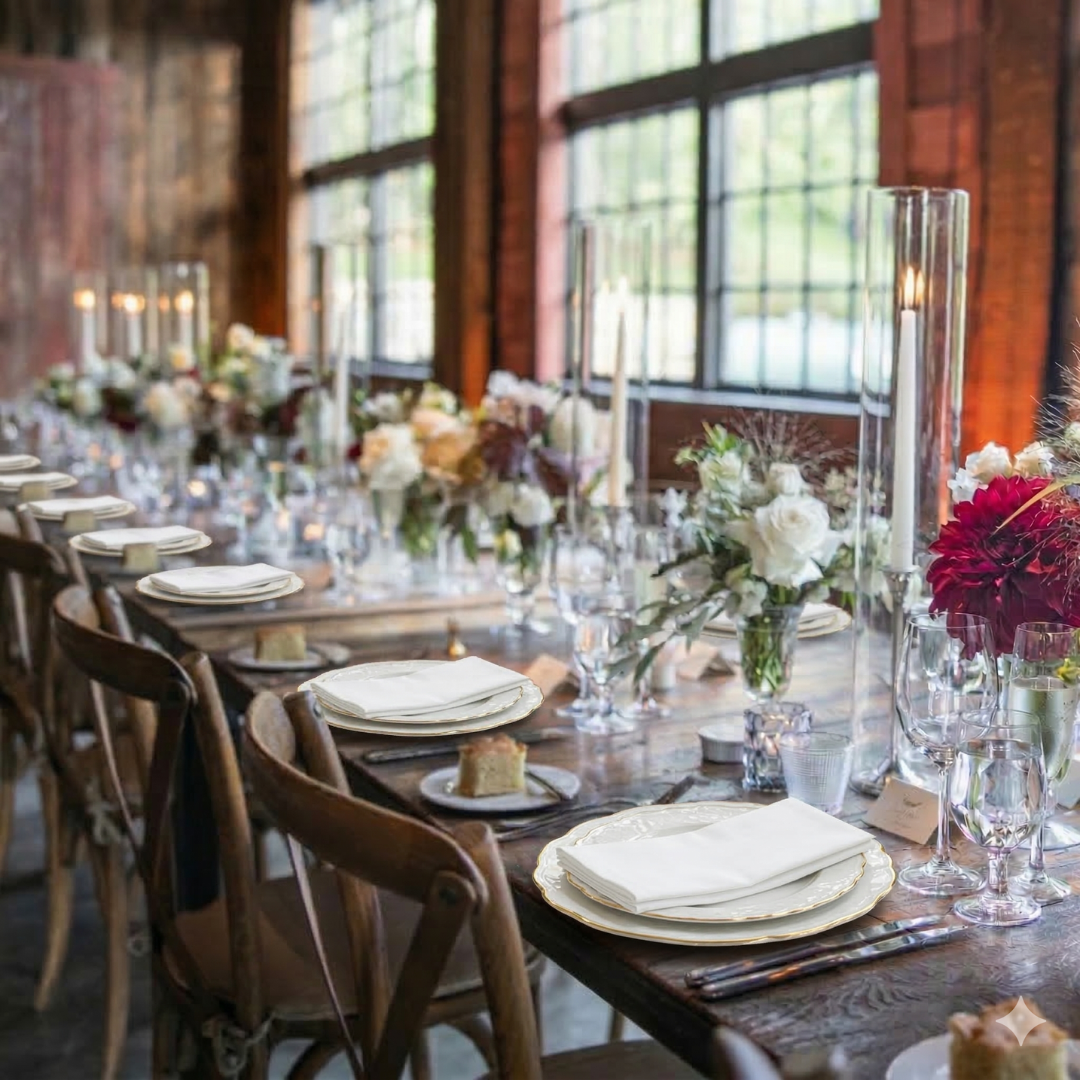 Elegant dining table set for a formal event with floral arrangements and candles.